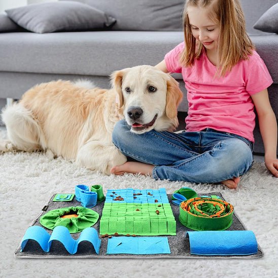 petite fille et son golden retriever couché devant leur tapis de fouille chien