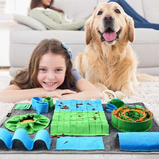 petite fille et son golden retriever devant leur tapis de fouille chien