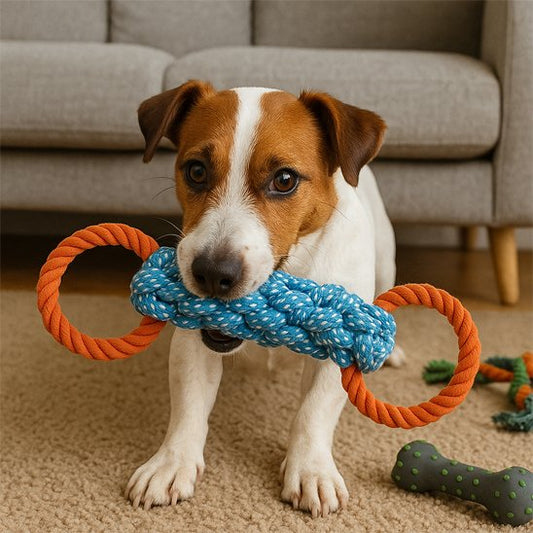 Jack Russell dans son salon avec son jouet pour chien dans la bouche