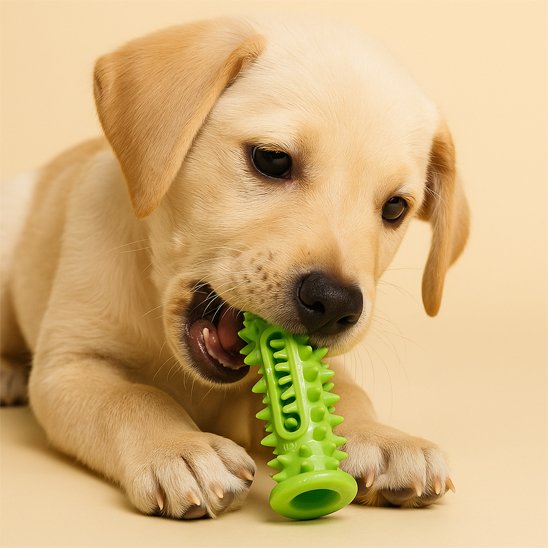 chiot labrador coucher entrain de mastiquer son jouet pour chien vert