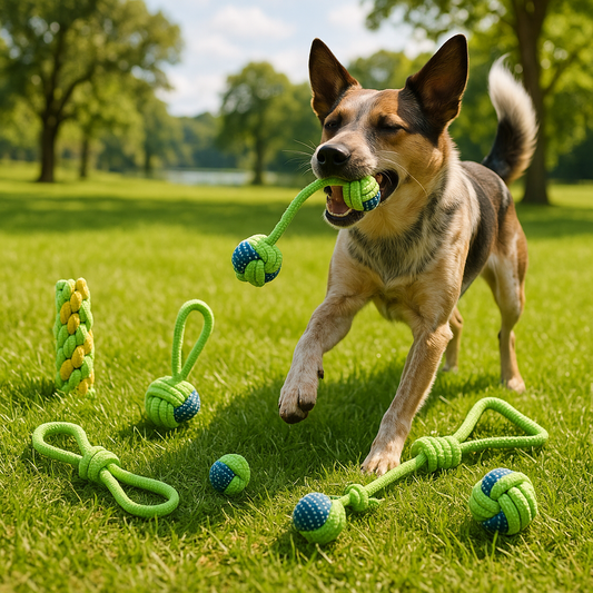 Chien heureux dehors avec ses sept jouet pour chien