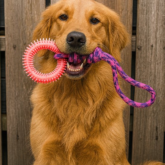 Golden assis qui tient son jouet pour chien dans sa gueule