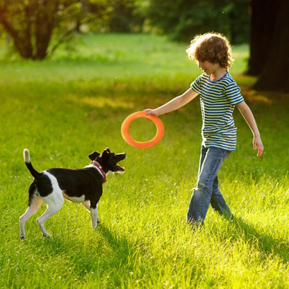 Garçon et son chien qui joue dehors avec leur jouet pour chien indestructible