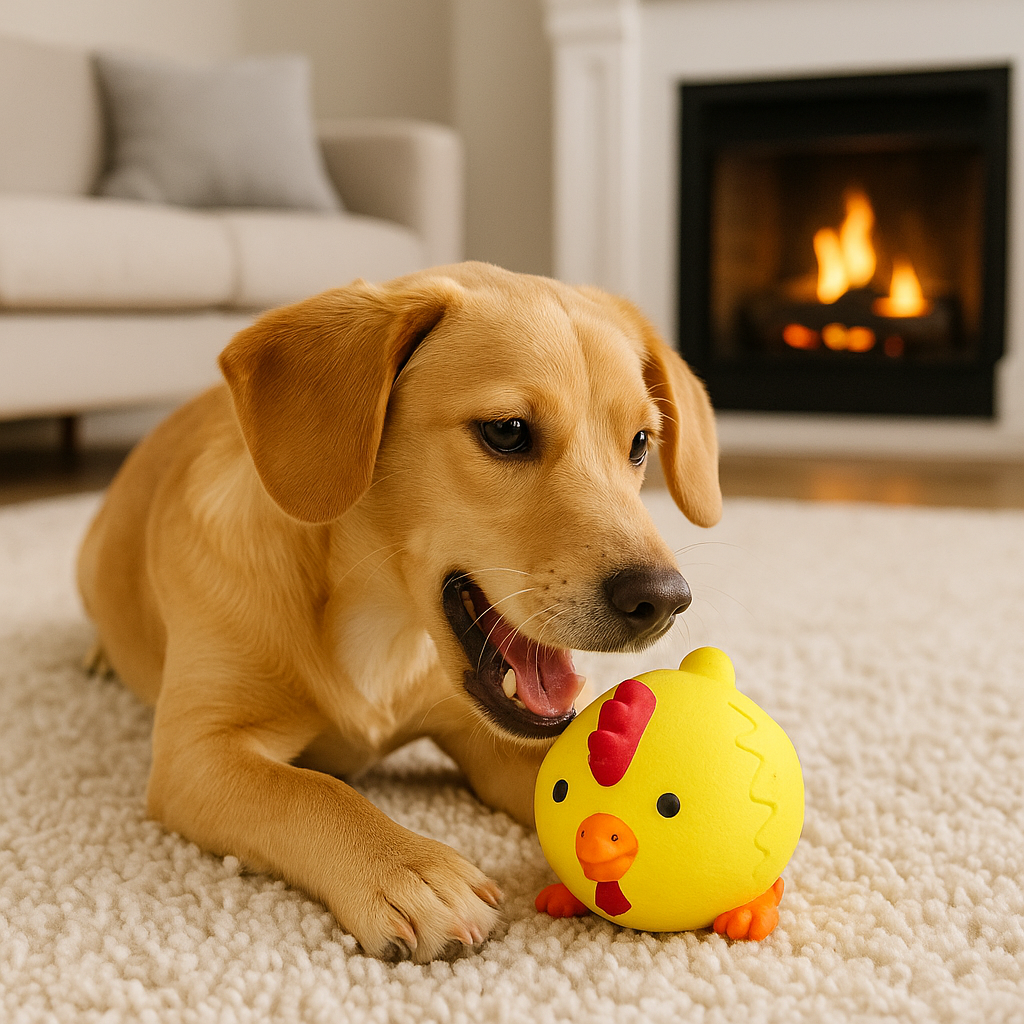 jeune labrador coucher devant le feu qui joue avec son jouet pour chien canard