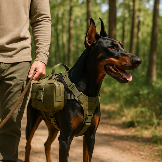 doberman et son maitre en promenade en forêt avec son sac pour chien