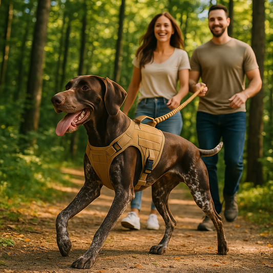 barque-allemand-en-promenade-avec-harnais-chien-marron