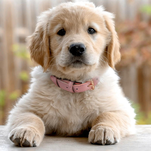 Chiot golden retriever avec collier chien cuir rose