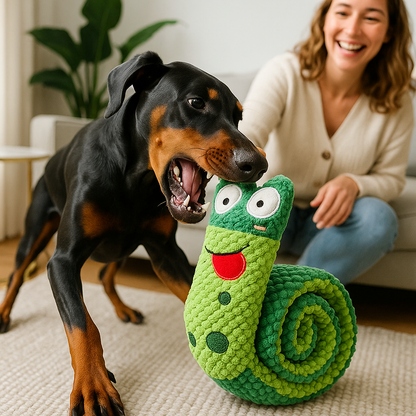 doberman et son maitre entrain de jouet avec la peluche pour chien