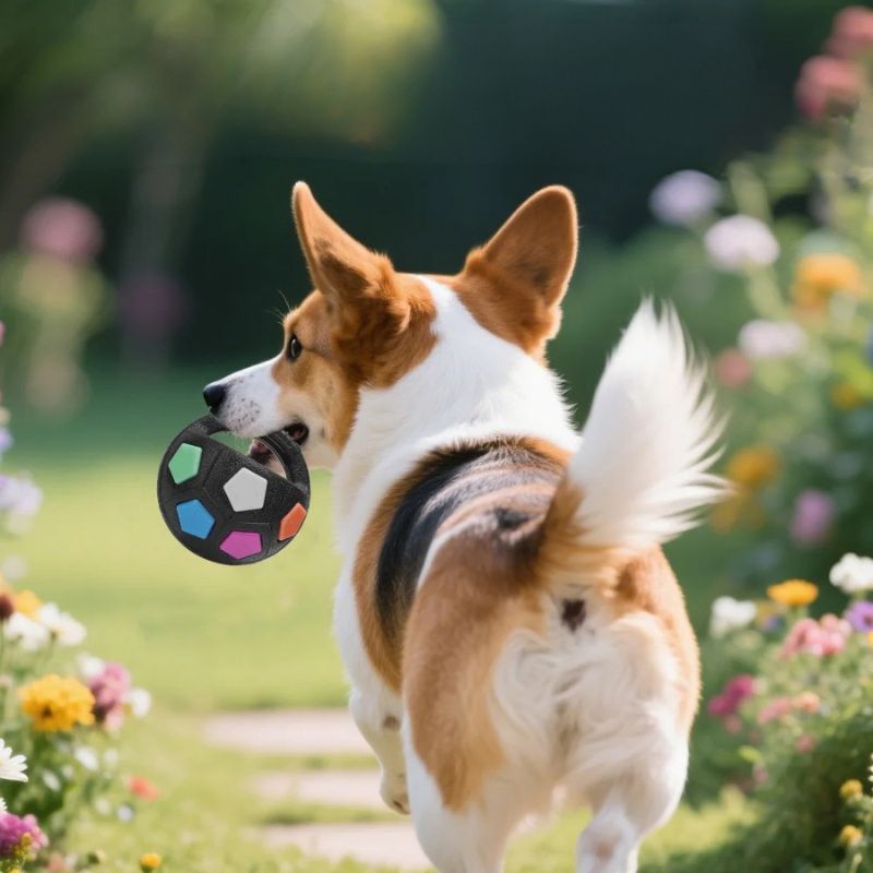 Un corgi court dans le jardin avec un jouet pour chien interactif noir et coloré dans la gueule
