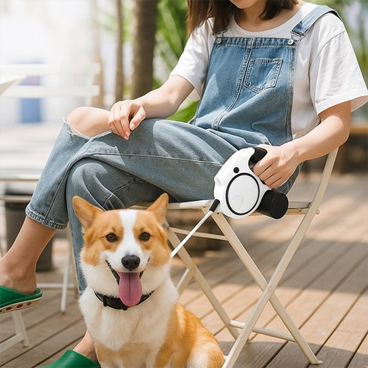 corgi assis dehors avec son propriétaire et sa laisse pour chien rétractable disponible en plusieurs couleurs