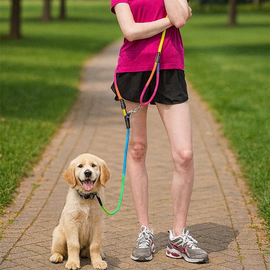 chiot golden assis au parc avec sa laisse pour chien mains libres