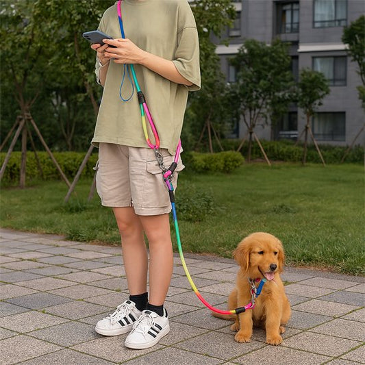 chiot assis dehors avec sa laisse pour chien mains libres