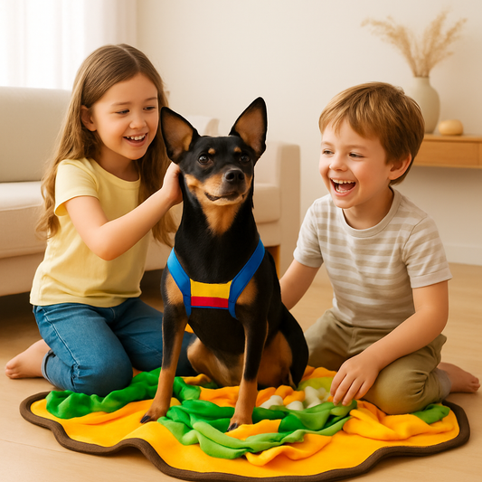 pinscher nain avec deux enfants sur le tapis de fouille chien
