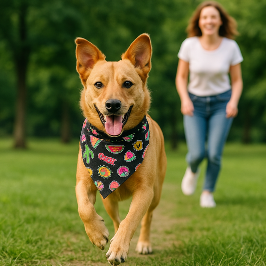 chien marron qui court dehors avec son maitre et son bandana chien