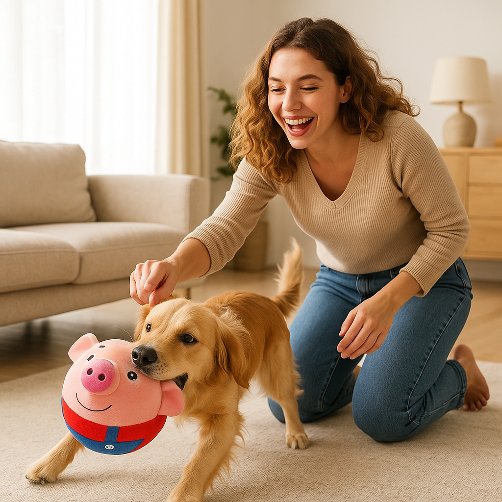 jeune golden qui joue dans son salon avec son maitre et son nouveau jouet pour chien en forme de cochon