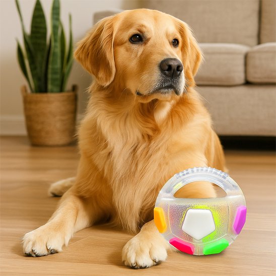 Golden coucher dans son salon avec son jouet pour chien blanche