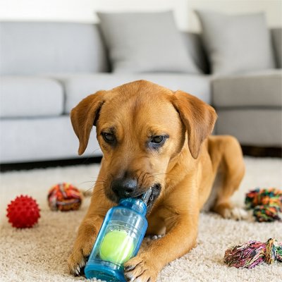 chien marron coucher dans son salon avec son jouet pour chien