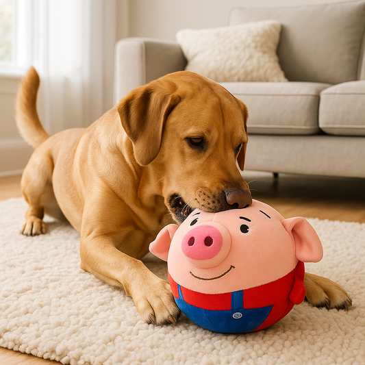 Labrador coucher dans son salon qui joue  avec son jouet pour chien en forme de cochon