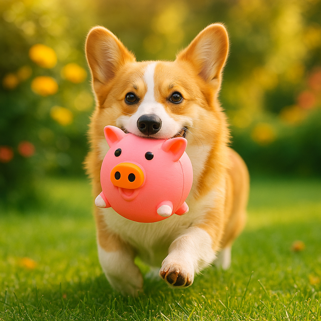 corgi qui court dehors avec son jouet pour chien en forme de cochon
