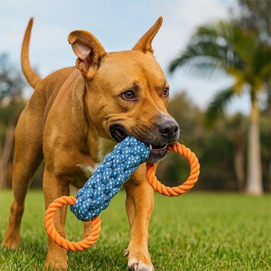 chien marron dehors avec son jouet pour chien dans la gueule