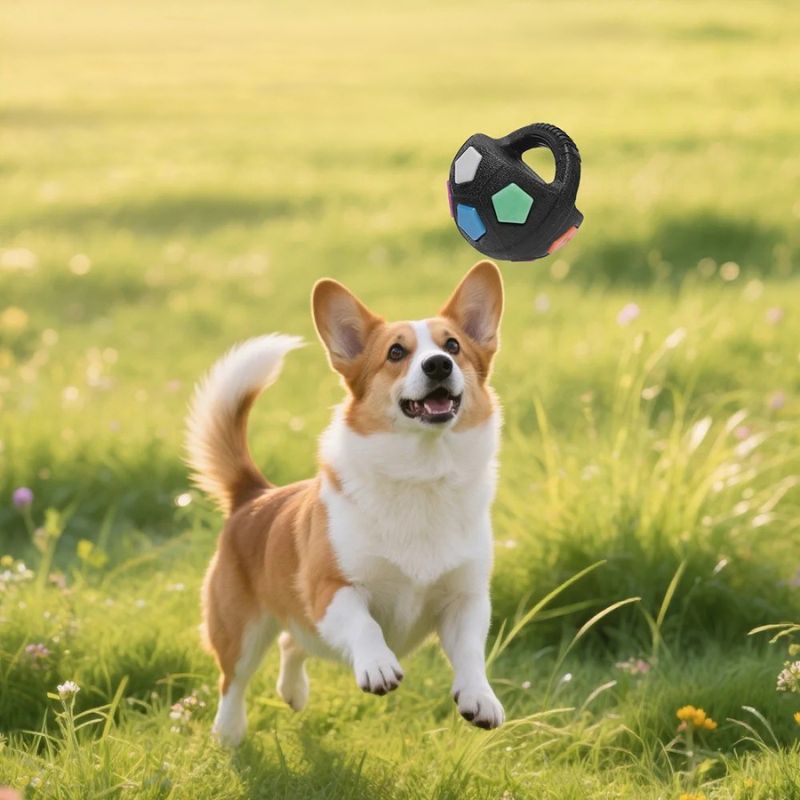 Un corgi bondit dans un champ vert en poursuivant un jouet pour chien interactif multicolore