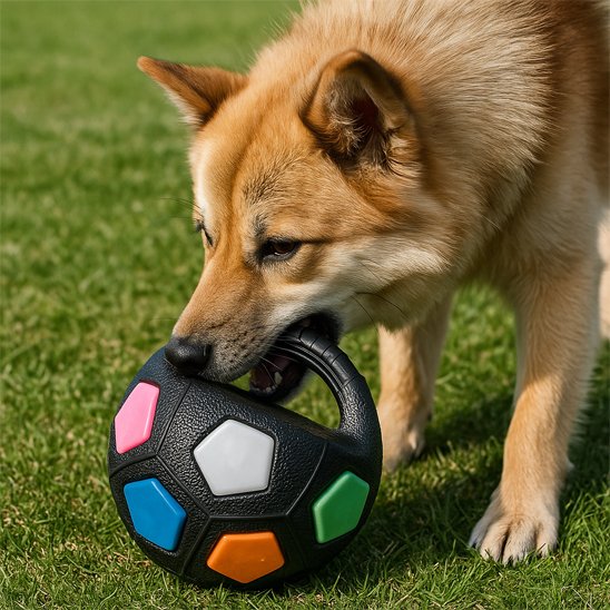 chien loup dehors avec son jouet pour chien noir dans la gueule