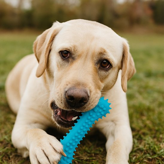 labrador coucher dans l'herbe avec son jouet pour chien bleu dans la gueule