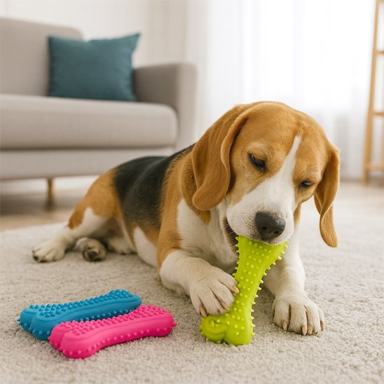 beagle coucher dans son salon entrain de mastiquer son jouet pour chien vert et à côté de son jouet rose et bleu
