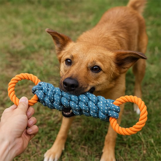 chien marron qui tire sur son jouet pour chien avec son maitre