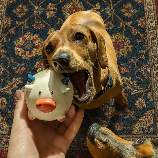 deux petits chiens avec leur jouet pour chien vache