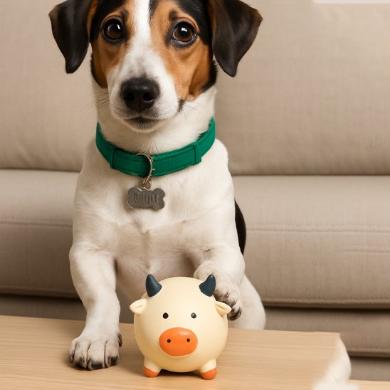 petit chien dehors dans son salon la patte sur le jouet pour chien vache