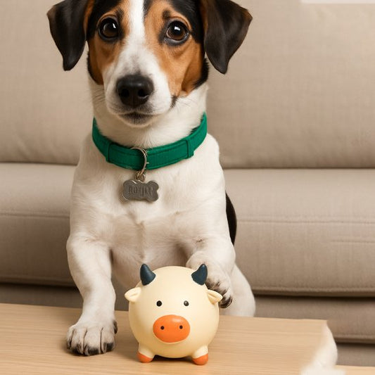 petit chien dehors dans son salon la patte sur le jouet pour chien vache