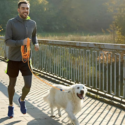 golden retriever et son maitre qui court avec une longe chie orange