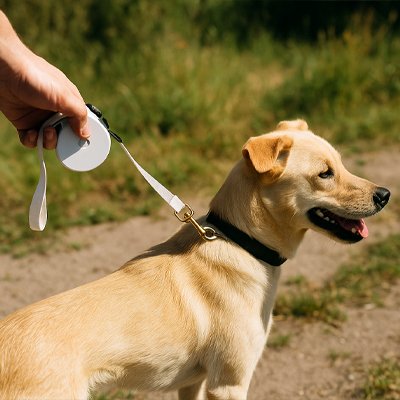 jeune labrador en sortie avec sa laisse pour chien rétractable légère et facile à transporter