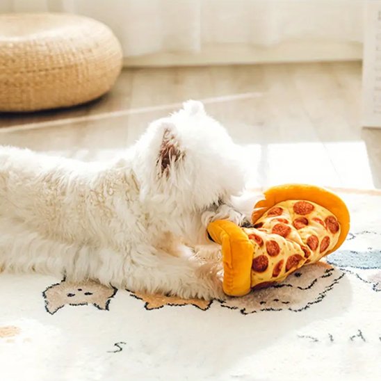 petit chien blanc coucher et mordant avec son jouet pour chien en forme de pizza