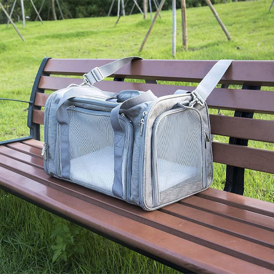 sac de transport pour chien gris sur un banc dans un parc