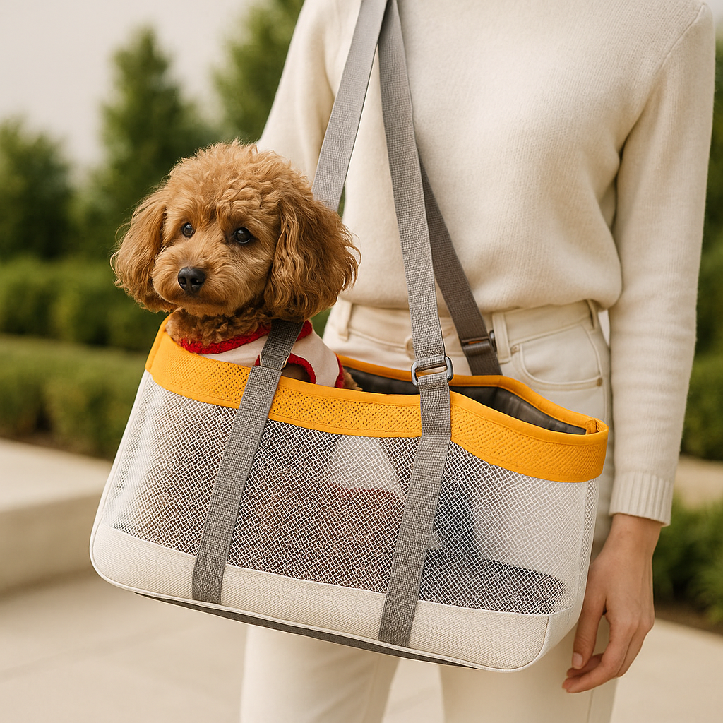petit bichon roux assis dans son sac de transport pour chien en promenade