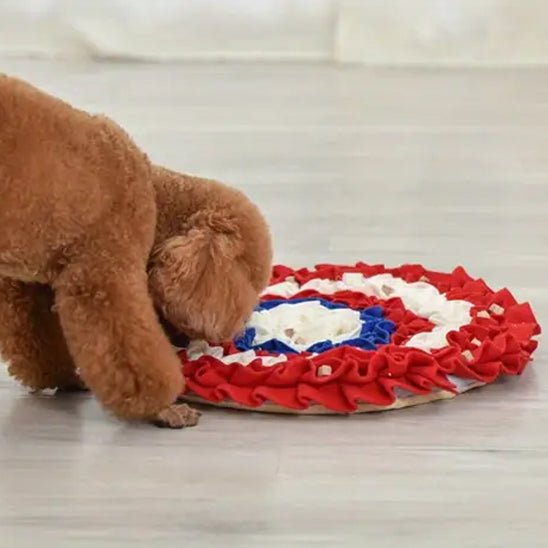caniche qui cherche des friandises sur son tapis de fouille chien rond tricolore