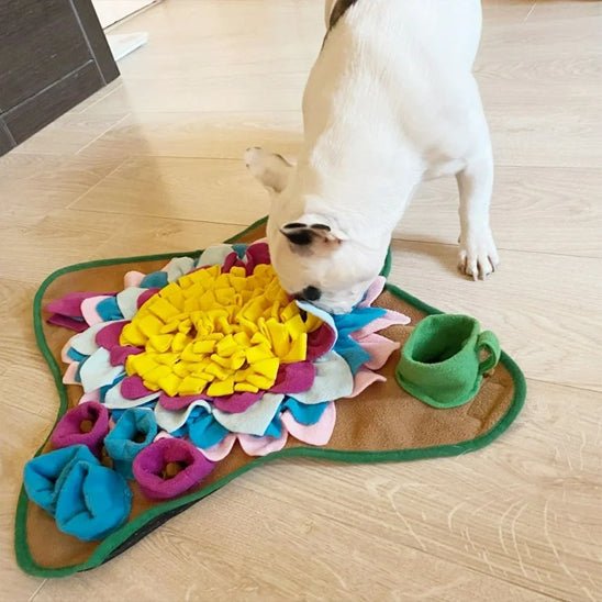 bouledogue qui joue avec son tapis de fouille chien