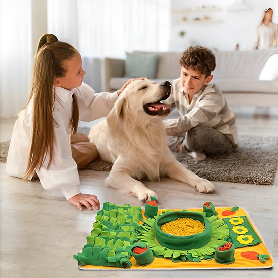 deux enfants avec leur golden retriever et son tapis de fouille chien dans leur salon