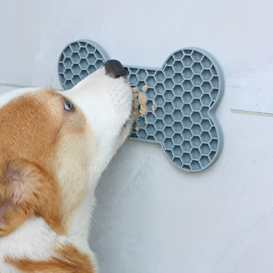 Chien en train de lécher un tapis de léchage chien gris en forme d’os fixé sur un mur