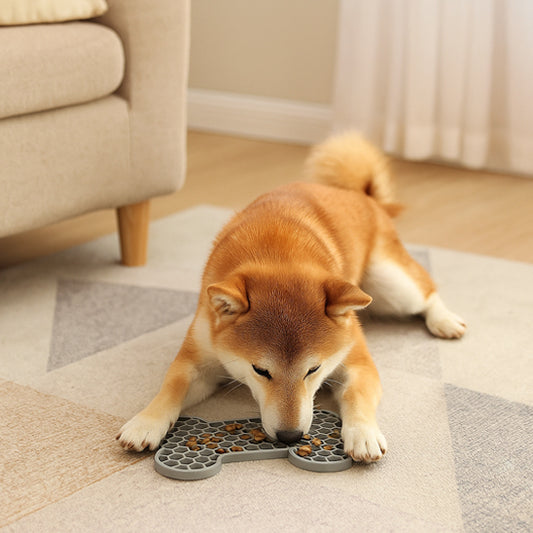 Shiba Inu couché utilisant un tapis de léchage chien gris en forme d’os sur un tapis de salon